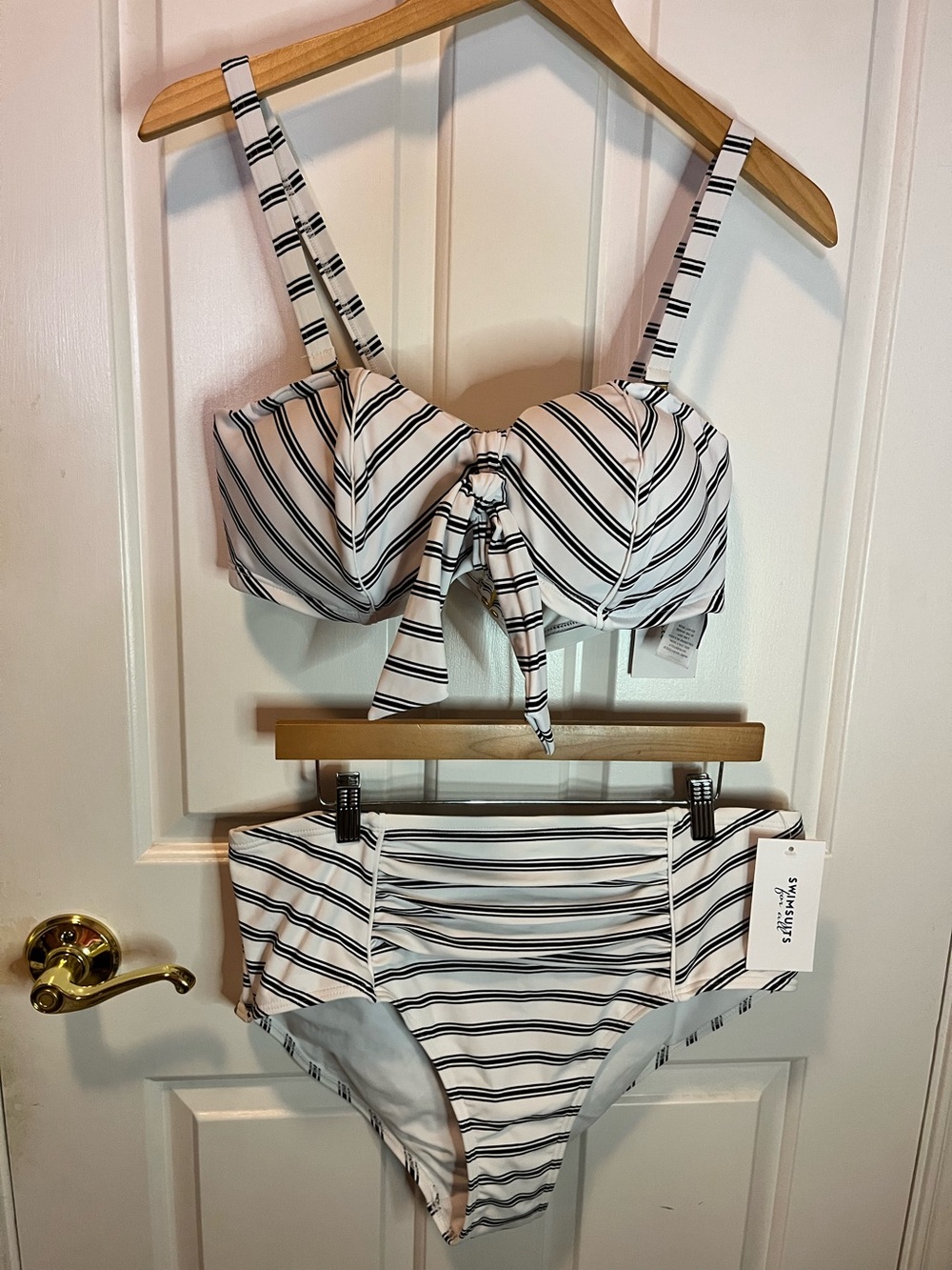 NWT Swimsuits For All White and Blue Striped Tie-Front Two Piece Set